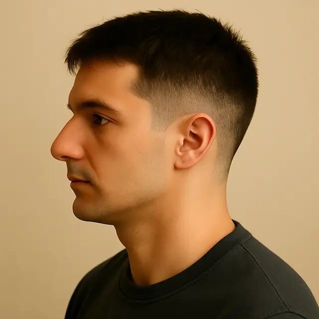 Profil d'un homme avec un low fade et le dessus court.